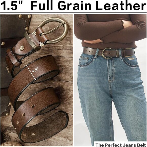 Women\'s Leather Belt 1.5 Inch Brass Buckle Vintage Western Fashion Accessory